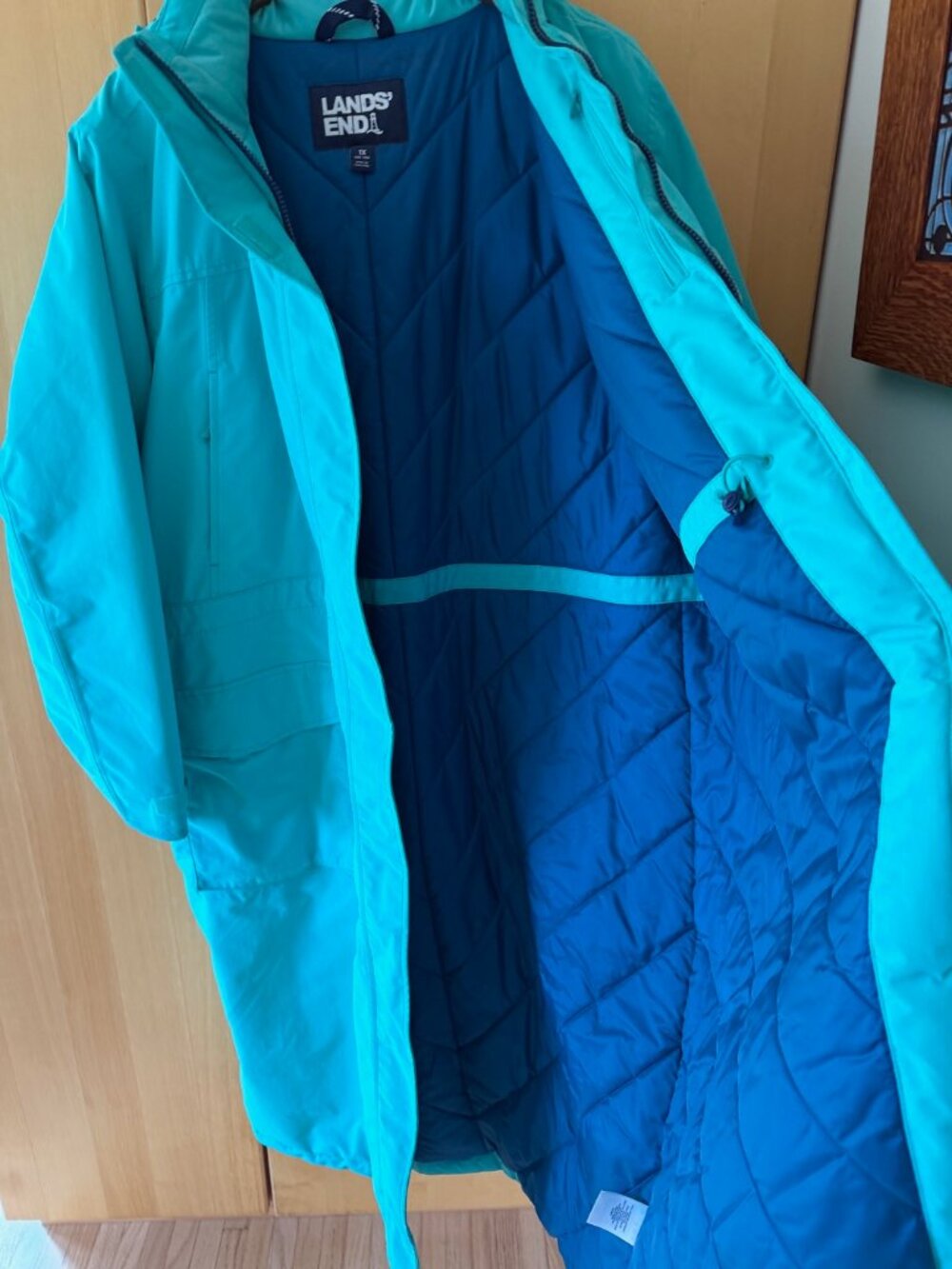 Lands End Turquoise Squall Long Stadium Coat, Water and Wind Proof, Plus Size 1X